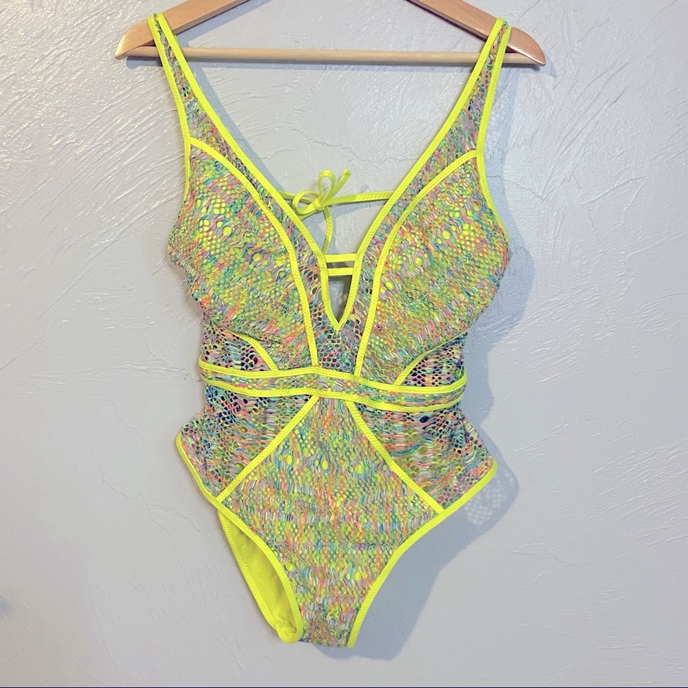Becca mosaic crochet plunge one piece swimsuit